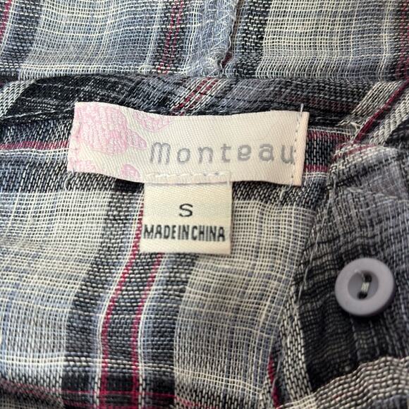 MONTEAU Blue Red Plaid 3/4 Sleeve Hooded Button Down Mini Dress Small - Picture 3 of 9